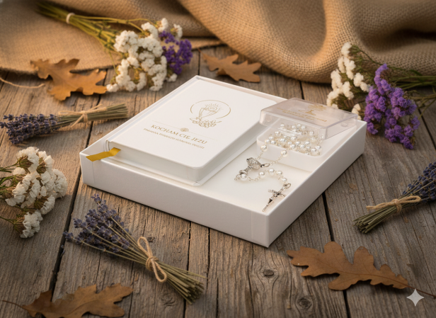 Zestaw komunijny GOLD – książeczka i różaniec w pudełeczku z imieniem | Pamiątka I Komunii Świętej