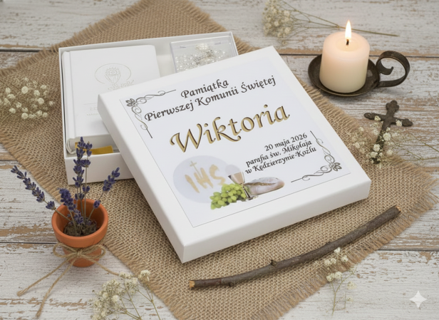 Zestaw komunijny GOLD – książeczka i różaniec w pudełeczku z imieniem | Pamiątka I Komunii Świętej