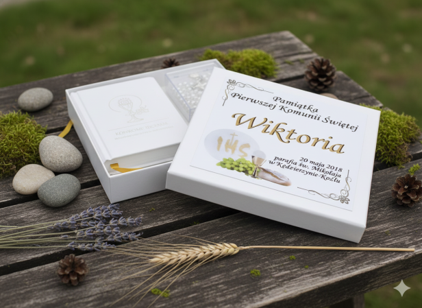 Zestaw komunijny GOLD – książeczka i różaniec w pudełeczku z imieniem | Pamiątka I Komunii Świętej