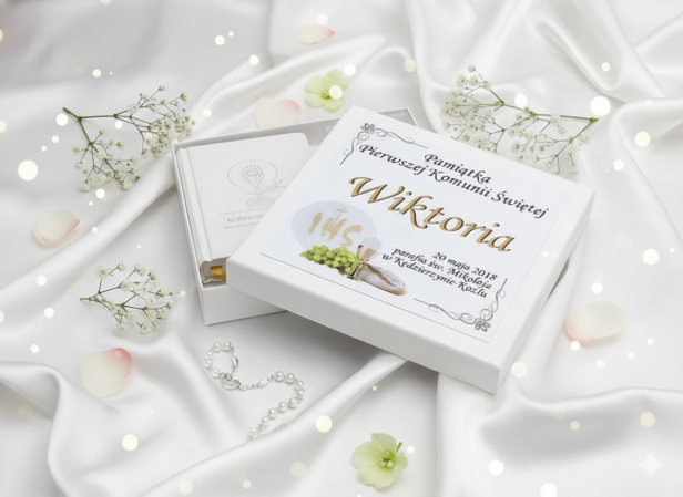 Zestaw komunijny GOLD – książeczka i różaniec w pudełeczku z imieniem | Pamiątka I Komunii Świętej