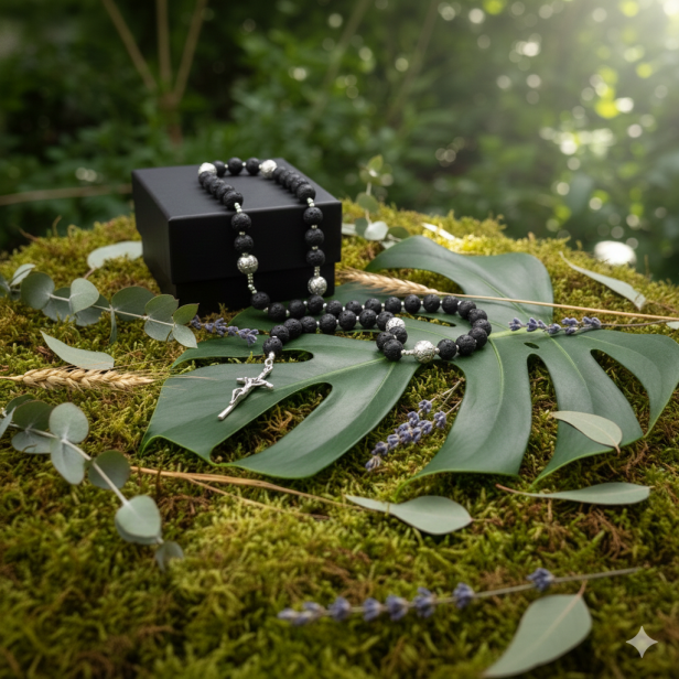 SacraStone™ – Różaniec z kamienia naturalnego Lawa Wulkaniczna (Medalik św. Benedykta)