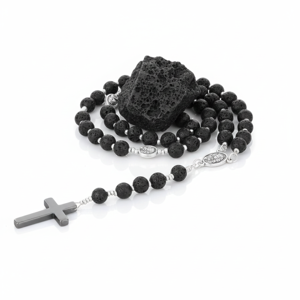 SacraStone™ – Różaniec z kamienia Lawy Wulkanicznej (krzyżyk hematytowy, medalik)