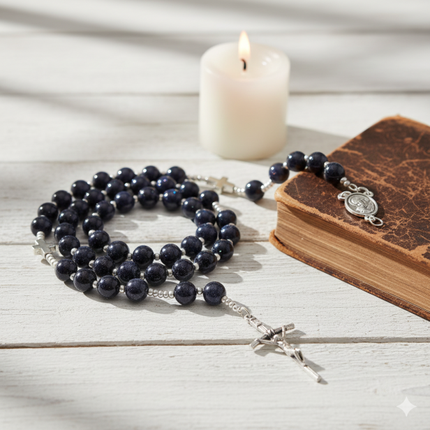 SacraStone™ – Różaniec z kamienia Noc Kairu (krzyż papieski, medalik JP2, krzyżyki hematytowe)