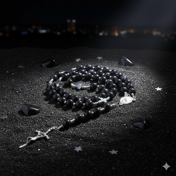 SacraStone™ – Różaniec z kamienia Noc Kairu (krzyż papieski, medalik JP2, krzyżyki hematytowe)