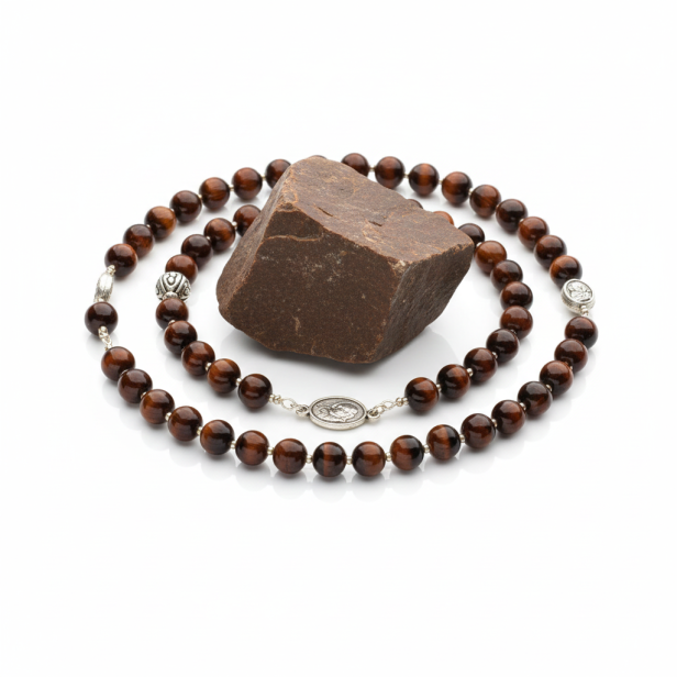SacraStone™ – Różaniec z kamienia naturalnego Bawole Oko (medalik JP2)