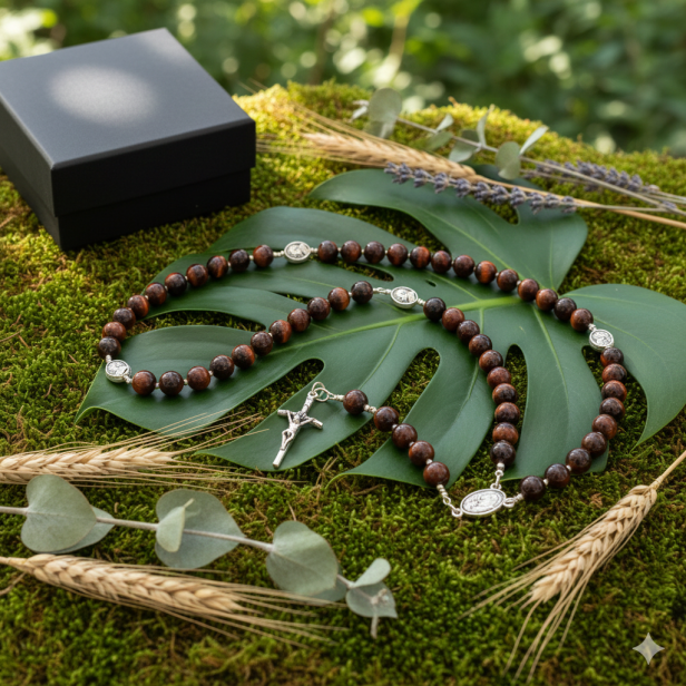 SacraStone™ – Różaniec z kamienia naturalnego Bawole Oko (medalik JP2)