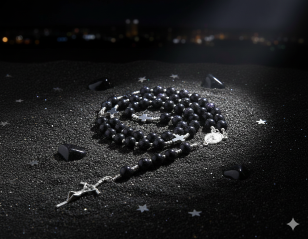 SacraStone™ – Różaniec z kamienia Lawy Wulkanicznej (krzyż benedyktyński, rozpinany)