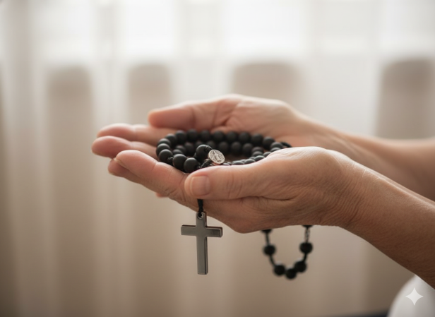 SacraStone™ WOMEN – Naszyjnik różańcowy z Onyksu Czarnego Matowego (krzyżyk hematytowy, medalik Św. Benedykta)