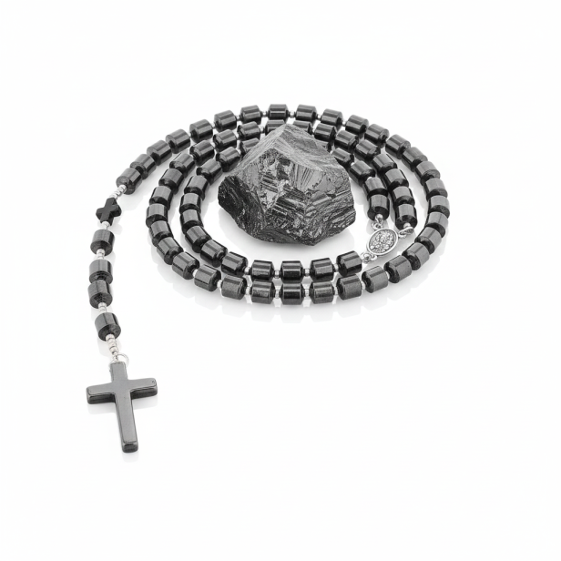 SacraStone™ – Różaniec z kamieni półszlachetnych Hematytu (tulejki, krzyżyki hematytowe, medalik JP2)