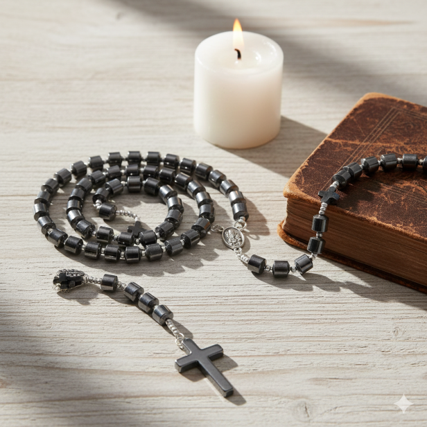 SacraStone™ – Różaniec z kamieni półszlachetnych Hematytu (tulejki, krzyżyki hematytowe, medalik JP2)