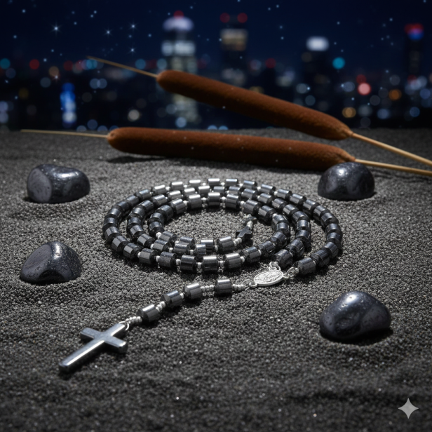 SacraStone™ – Różaniec z kamieni półszlachetnych Hematytu (tulejki, krzyżyki hematytowe, medalik JP2)