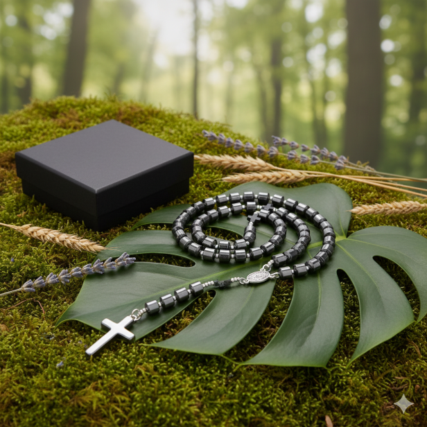 SacraStone™ – Różaniec z kamieni półszlachetnych Hematytu (tulejki, krzyżyki hematytowe, medalik JP2)