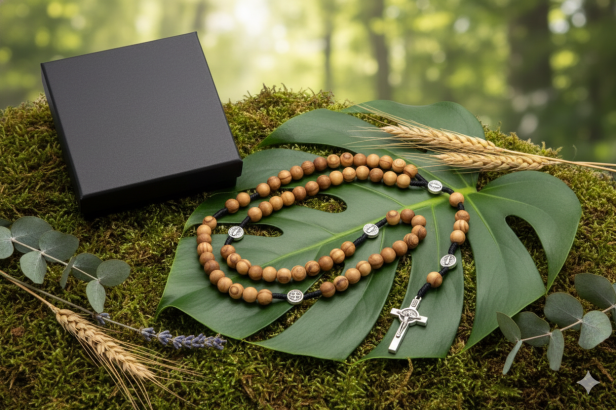 SacraStone™ MARA – Makramowy różaniec z Drzewa Oliwnego (krzyż benedyktyński)
