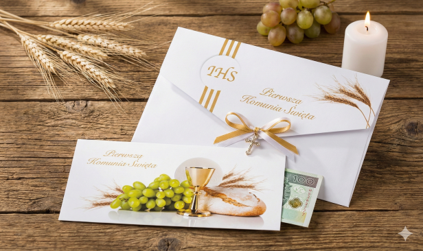 Etui na banknoty – IHS, Kielich i Chleb – Pierwsza Komunia Święta (17,5 × 9 cm)