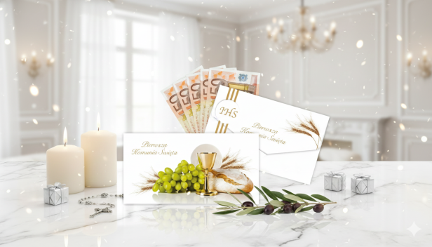 Etui na banknoty – IHS, Kielich i Chleb – Pierwsza Komunia Święta (17,5 × 9 cm)