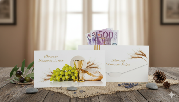 Etui na banknoty – IHS, Kielich i Chleb – Pierwsza Komunia Święta (17,5 × 9 cm)