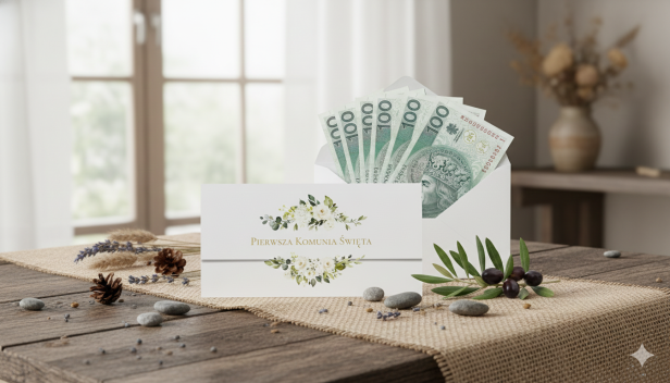 Etui na banknoty – Białe Kwiaty i Eukaliptus – Pierwsza Komunia Święta (17,5 × 9 cm)