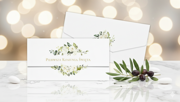 Etui na banknoty – Białe Kwiaty i Eukaliptus – Pierwsza Komunia Święta (17,5 × 9 cm)