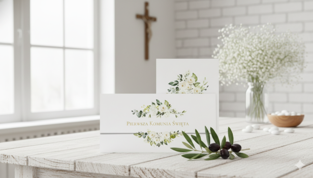 Etui na banknoty – Białe Kwiaty i Eukaliptus – Pierwsza Komunia Święta (17,5 × 9 cm)