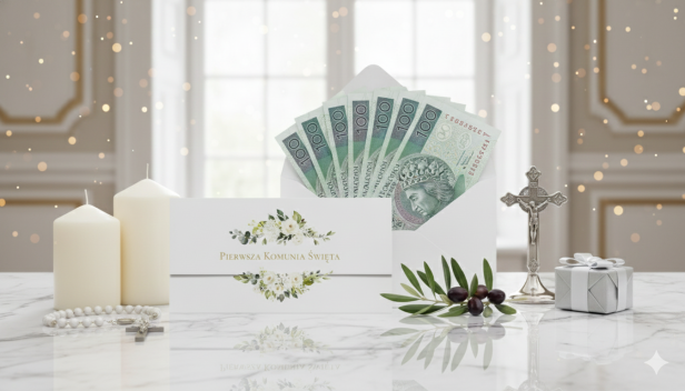 Etui na banknoty – Białe Kwiaty i Eukaliptus – Pierwsza Komunia Święta (17,5 × 9 cm)