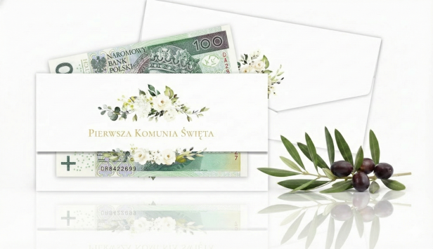 Etui na banknoty – Białe Kwiaty i Eukaliptus – Pierwsza Komunia Święta (17,5 × 9 cm)
