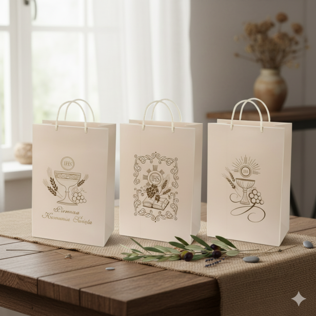 Torebka prezentowa Komunia Święta – ozdobna PREMIUM (15 × 22,5 × 8 cm)