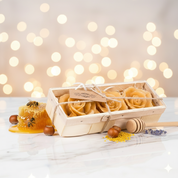 Zestaw 3 świec RÓŻA z wosku pszczelego w łubiance | Linia BEE WAX