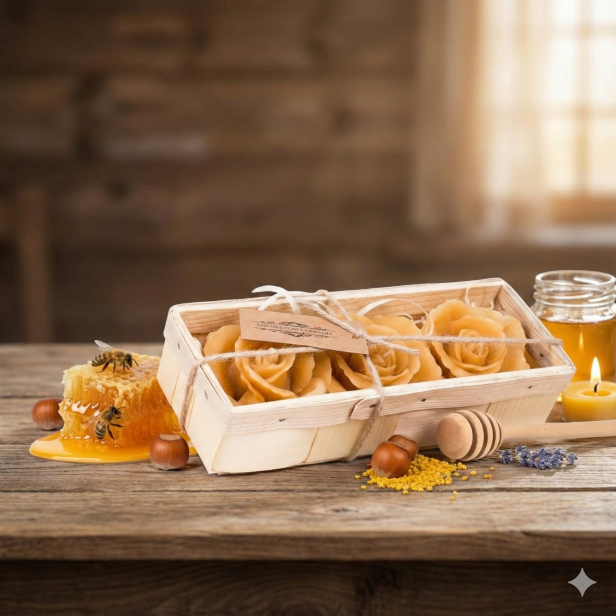 Zestaw 3 świec RÓŻA z wosku pszczelego w łubiance | Linia BEE WAX