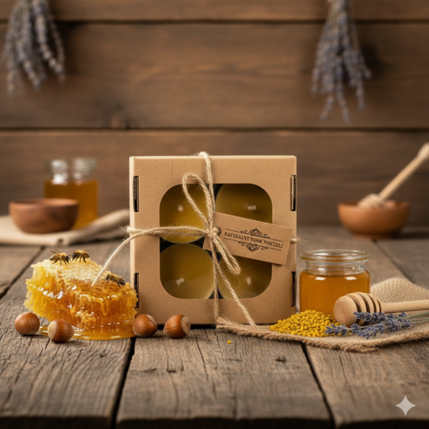 Zestaw 4 dużych świec tealight 6 cm z wosku pszczelego w ozdobnym pudełku | Linia BEE WAX