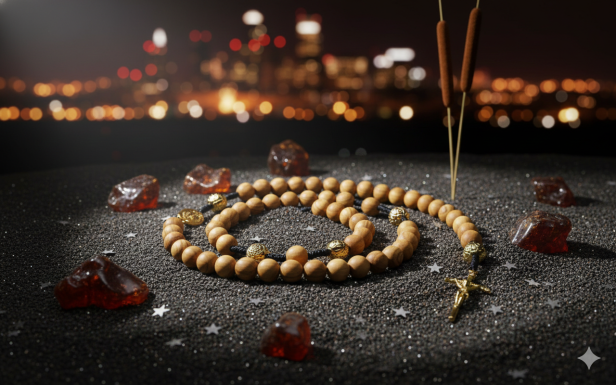 SacraStone™ MARA – Makramowy różaniec z Drzewa Oliwnego (złocony krzyż papieski)