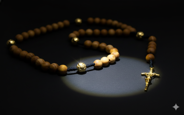 SacraStone™ MARA – Makramowy różaniec z Drzewa Oliwnego (złocony krzyż papieski)