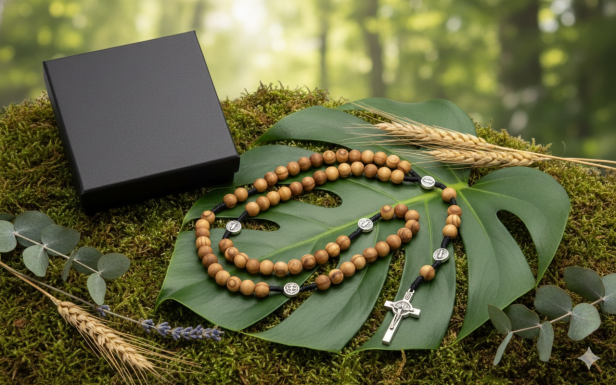 SacraStone™ MARA – Makramowy różaniec z Drzewa Oliwnego (złocony krzyż papieski)