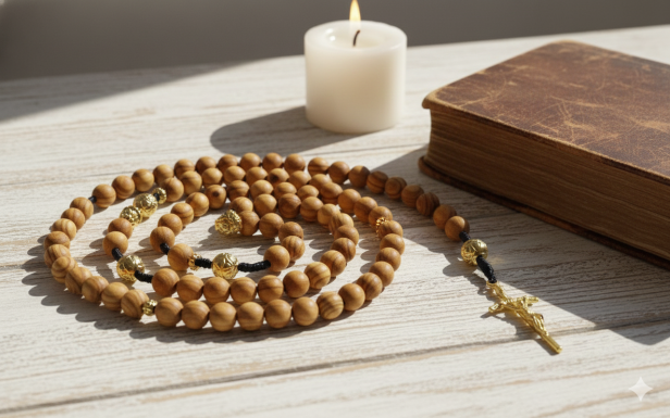 SacraStone™ MARA – Makramowy różaniec z Drzewa Oliwnego (złocony krzyż papieski)