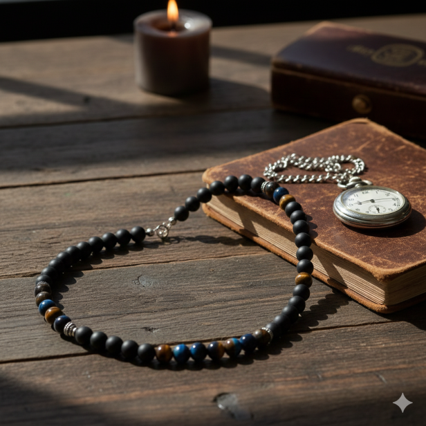 SacraStone™ MEN – Naszyjnik męski Onyks & Tygrysie Oko + Srebro 925 (handmade)