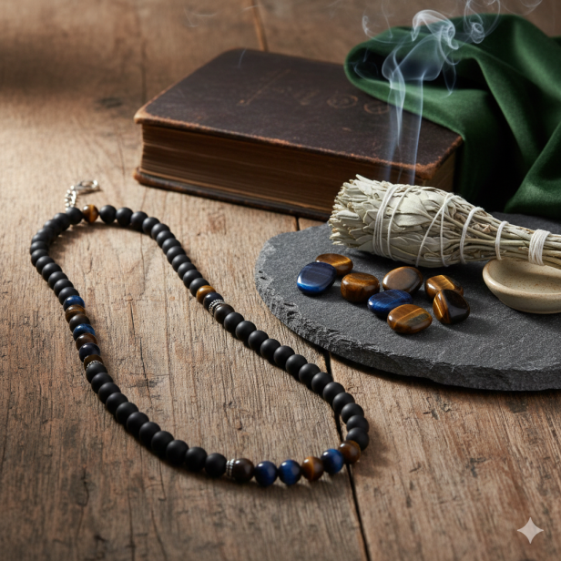 SacraStone™ MEN – Naszyjnik męski Onyks & Tygrysie Oko + Srebro 925 (handmade)
