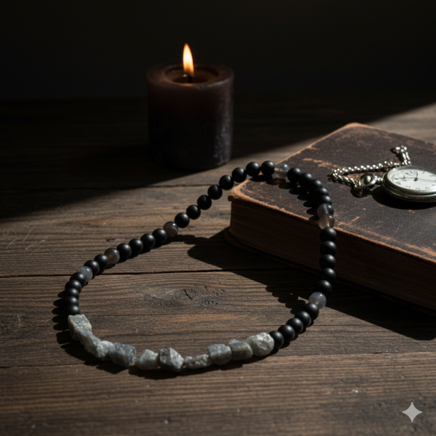 SacraStone™ MEN – Naszyjnik Onyks Mat + Agat Szary + Labradoryt & Srebro 925 (handmade)