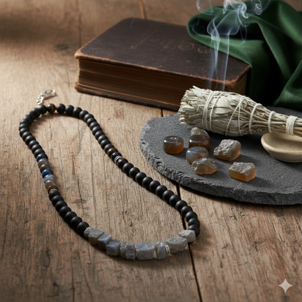 SacraStone™ MEN – Naszyjnik Onyks Mat + Agat Szary + Labradoryt & Srebro 925 (handmade)