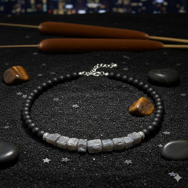 SacraStone™ MEN – Naszyjnik Onyks Mat + Agat Szary + Labradoryt & Srebro 925 (handmade)