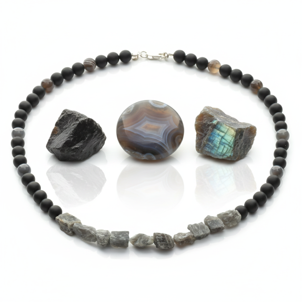 SacraStone™ MEN – Naszyjnik Onyks Mat + Agat Szary + Labradoryt & Srebro 925 (handmade)