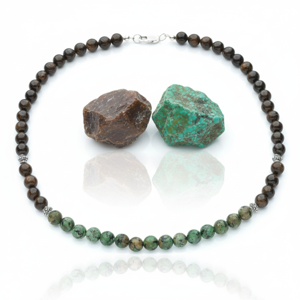 SacraStone™ MEN – Naszyjnik Bronzit & Turkus Afrykański + Srebro Oksydowane (handmade)