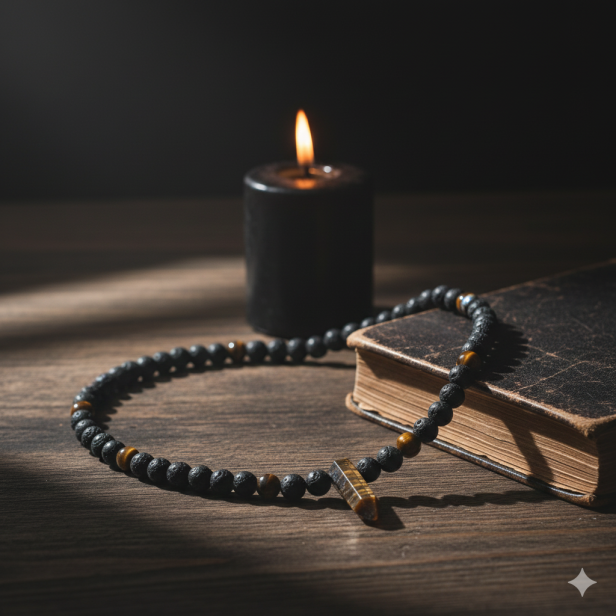 SacraStone™ MEN – Naszyjnik Lawa Wulkaniczna & Grot Tygrysie Oko (handmade)