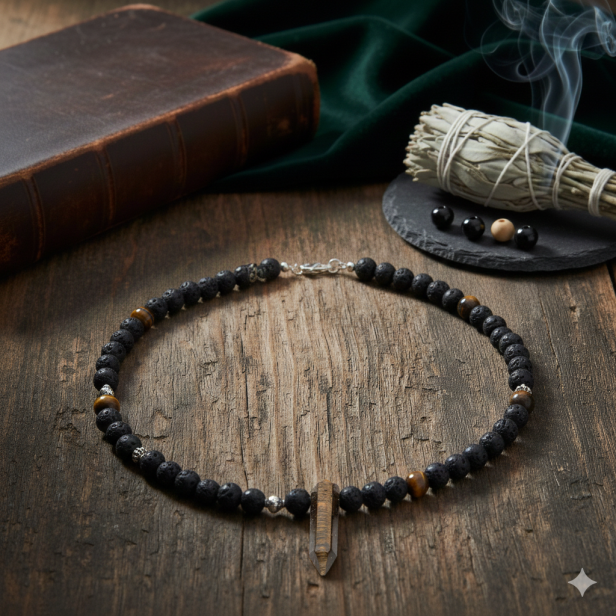 SacraStone™ MEN – Naszyjnik Lawa Wulkaniczna & Grot Tygrysie Oko (handmade)