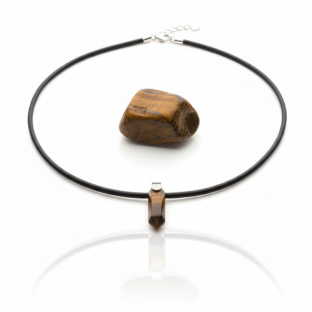 SacraStone™ MEN – Naszyjnik Grot Tygrysie Oko na czarnym rzemieniu (handmade)