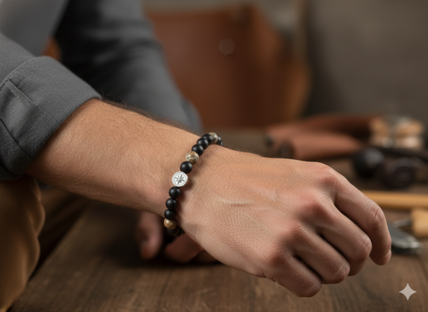 SacraStone™ MEN – Bransoleta Onyks Matowy, Agat Antyczny i Srebrna Róża Wiatrów