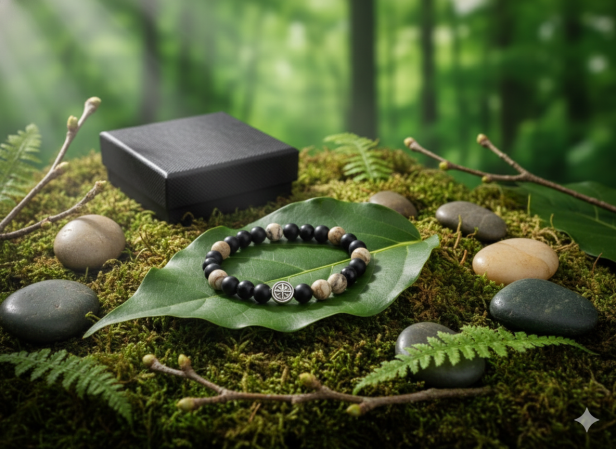 SacraStone™ MEN – Bransoleta Onyks Matowy, Agat Antyczny i Srebrna Róża Wiatrów