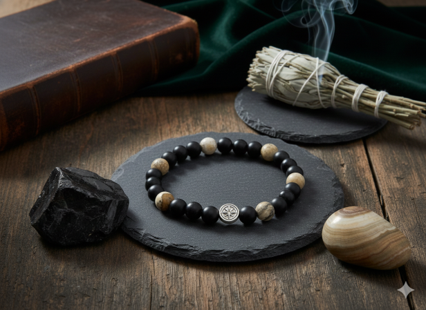 SacraStone™ MEN – Bransoleta Onyks Matowy, Agat Antyczny i Srebrna Róża Wiatrów