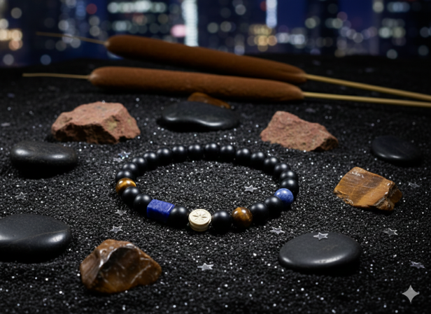 SacraStone™ MEN – Bransoleta Onyks Matowy, Tygrysie Oko i Lapis Lazuli z Srebrną Różą Wiatrów