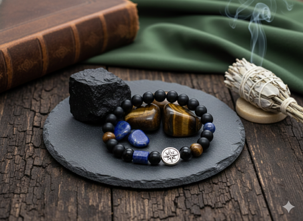 SacraStone™ MEN – Bransoleta Onyks Matowy, Tygrysie Oko i Lapis Lazuli z Srebrną Różą Wiatrów