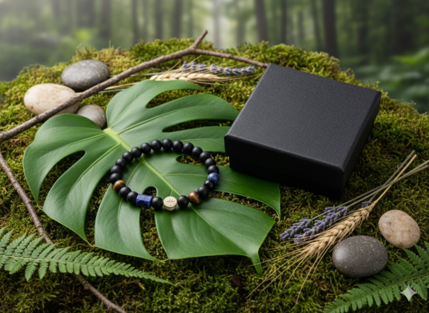 SacraStone™ MEN – Bransoleta Onyks Matowy, Tygrysie Oko i Lapis Lazuli z Srebrną Różą Wiatrów