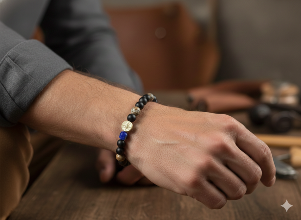 SacraStone™ MEN – Bransoleta Onyks Matowy, Tygrysie Oko i Lapis Lazuli z Srebrną Różą Wiatrów